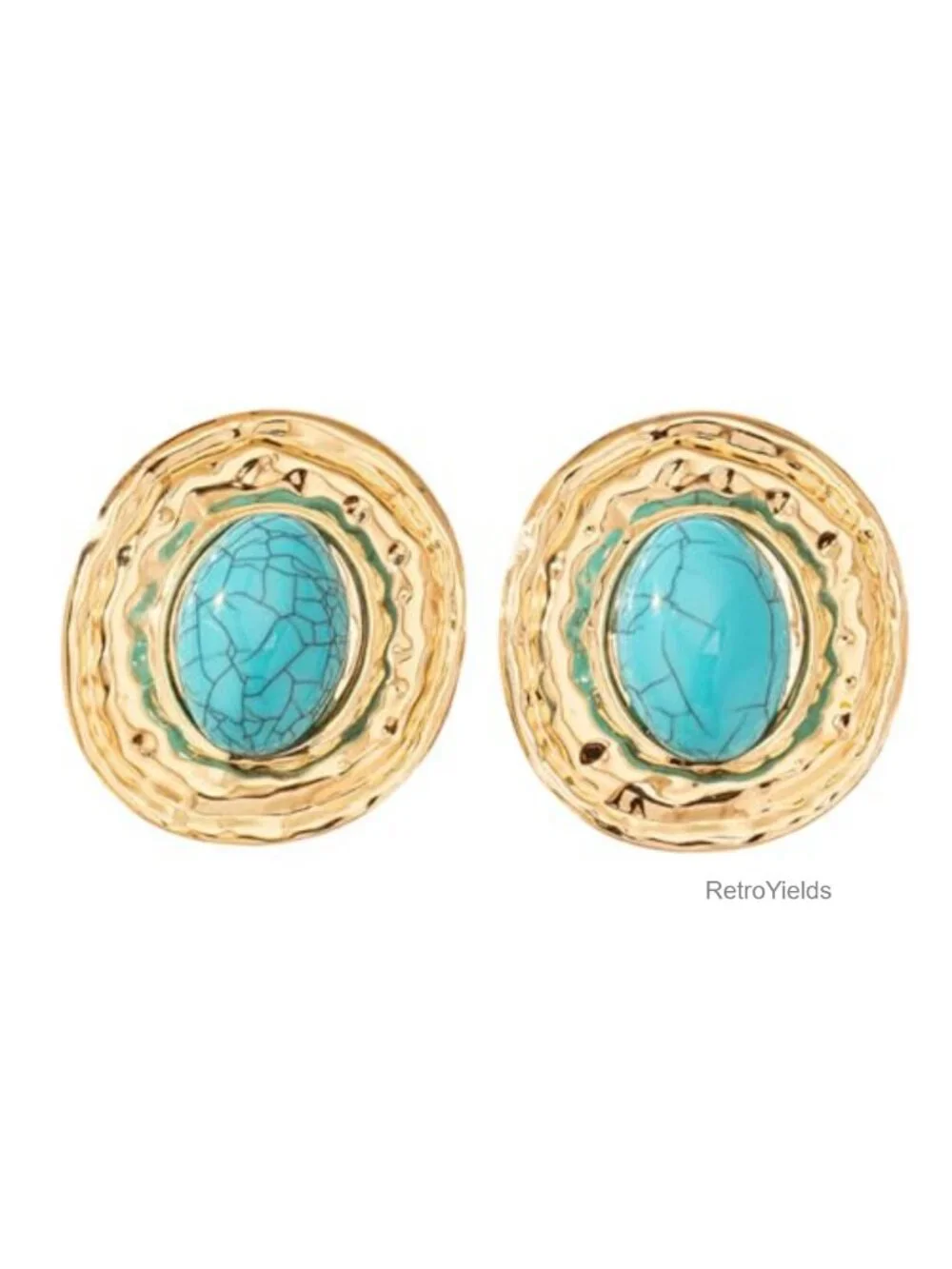Chunky Gold Plated Turquoise Statement Earrings Oval Dangle Boho Western Jewelry